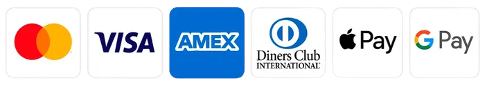 Accepted payment methods: Mastercard, Visa, Amex, Diners Club, Apple Pay, Google Pay